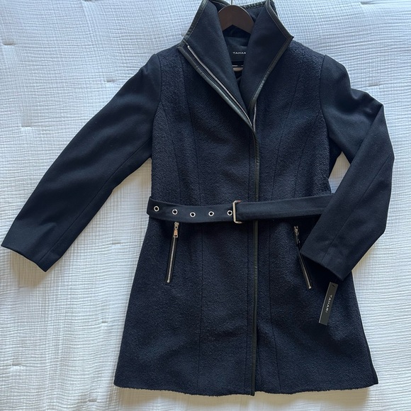 NWT Tahari Elaine Navy Blue Belted Wool Coat with Faux Leather Trim - Picture 5 of 11